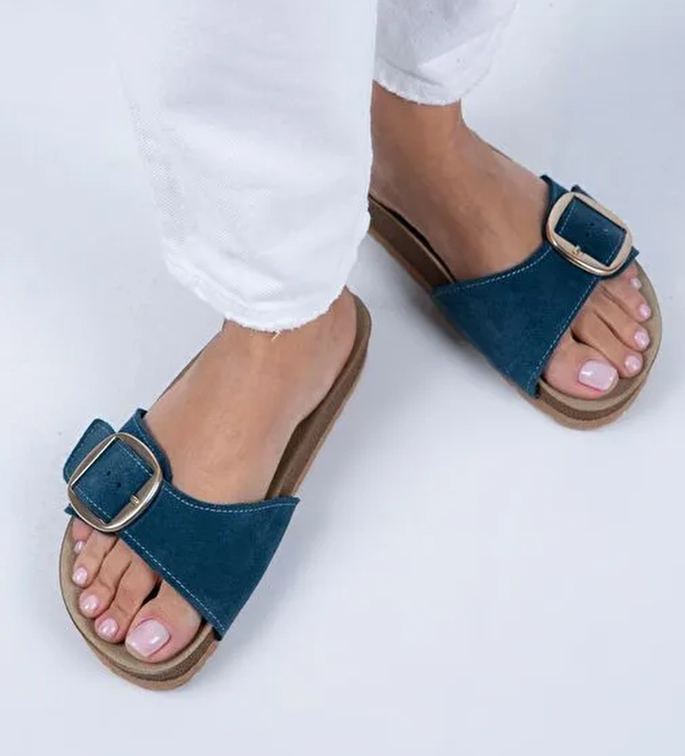 Manijero Jade Kadın Hakiki Deri Tek Tokalı Petrol Süet - Gold Terlik - Görsel 1