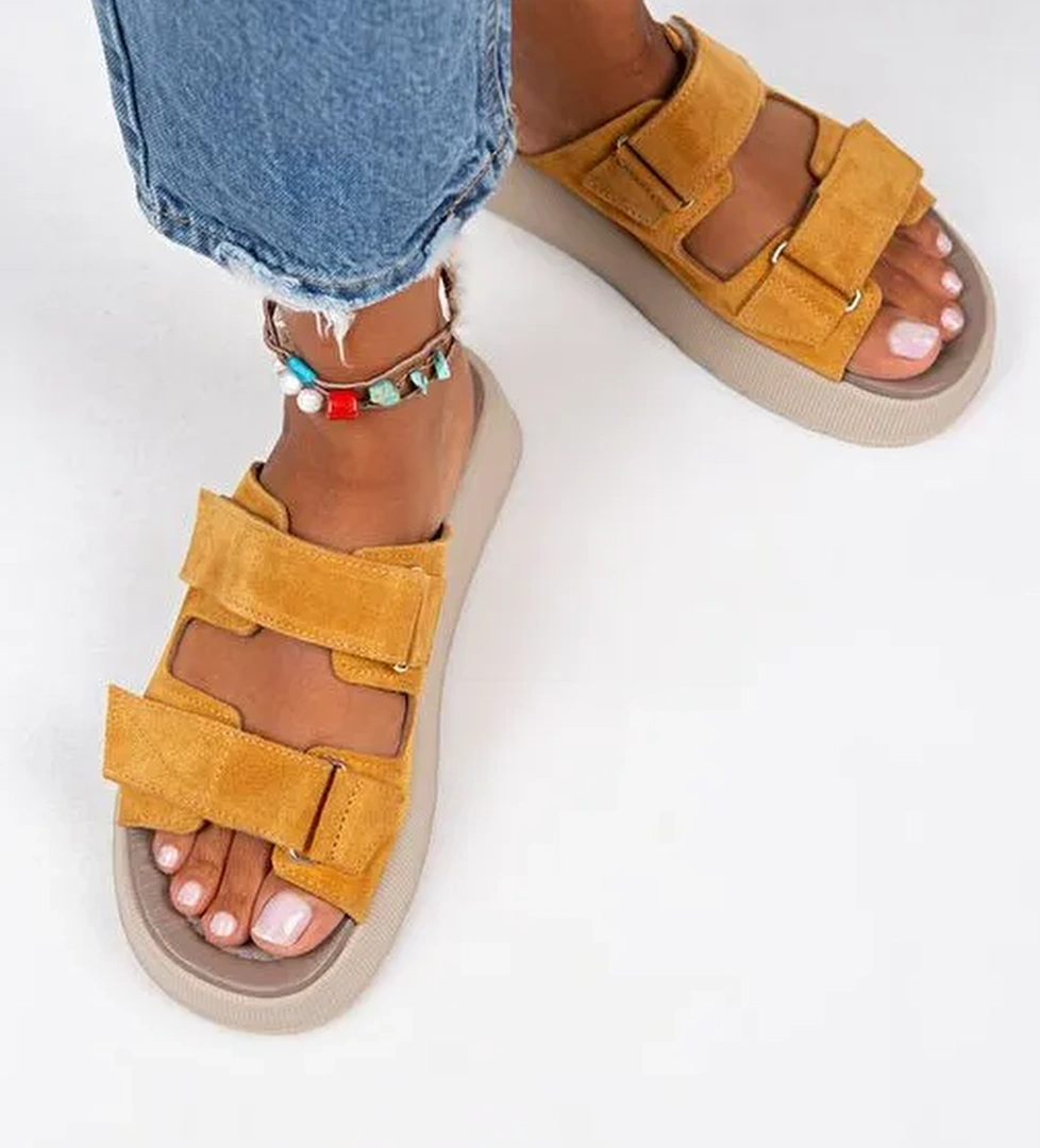 Manijero Farah Kadın Hakiki Deri Çift Cırtlı Koyu Hardal Terlik - Görsel 1