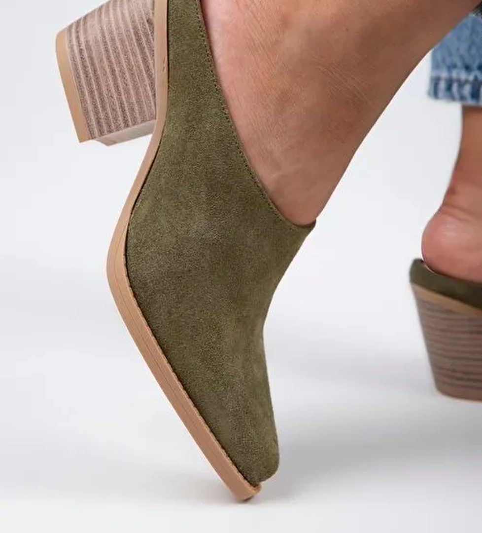 Manijero Stella Kadın Hakiki Deri Western Çağla Yeşili - Süet Terlik - Görsel 1