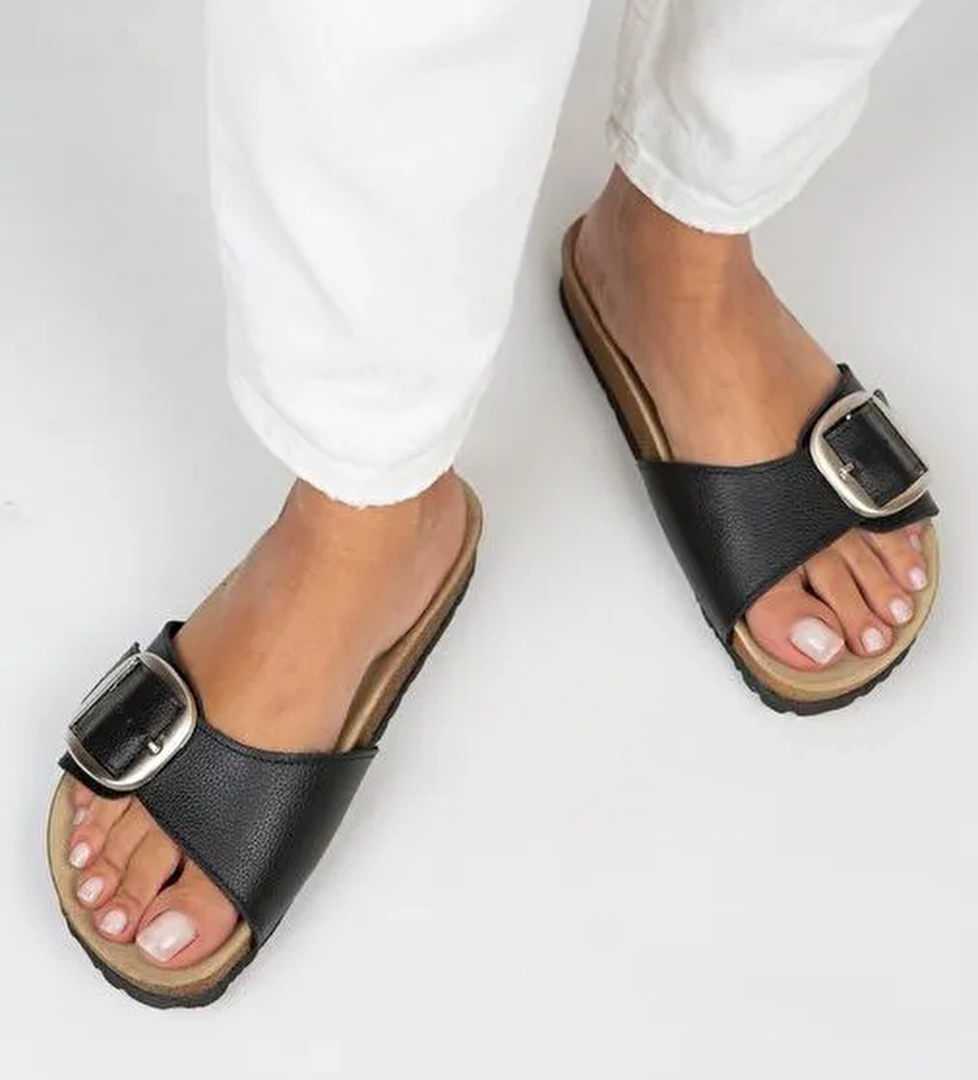 Manijero Jade Kadın Hakiki Deri Tek Toka Siyah-Gümüş Terlik - Görsel 1