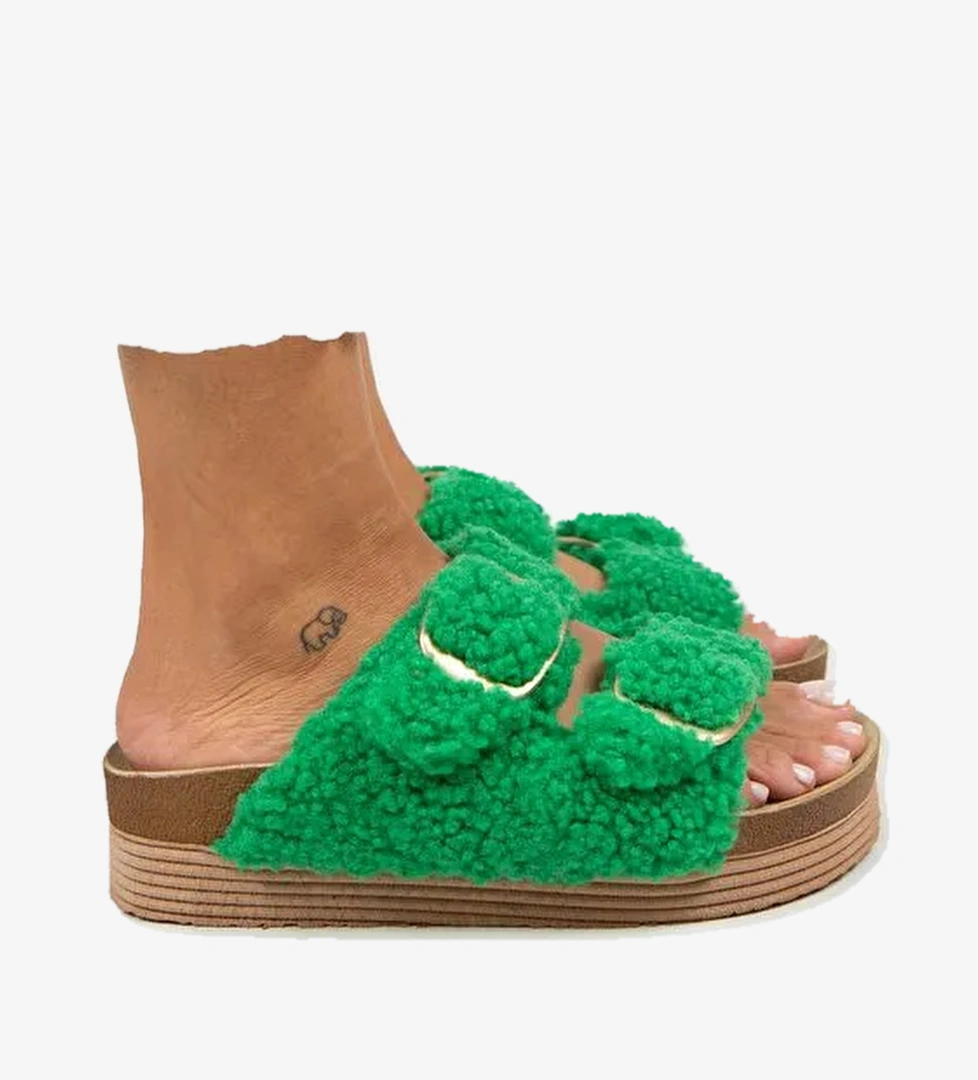 Manijero Selina Kürklü Kadın Tekstil Kürklü Çift Tokalı Koyu Yeşil Terlik - Görsel 1