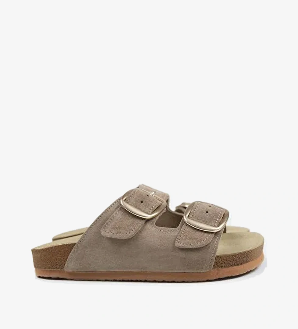 Manijero Irene Hakiki Deri Çift Tokalı Vizon Terlik - Görsel 1