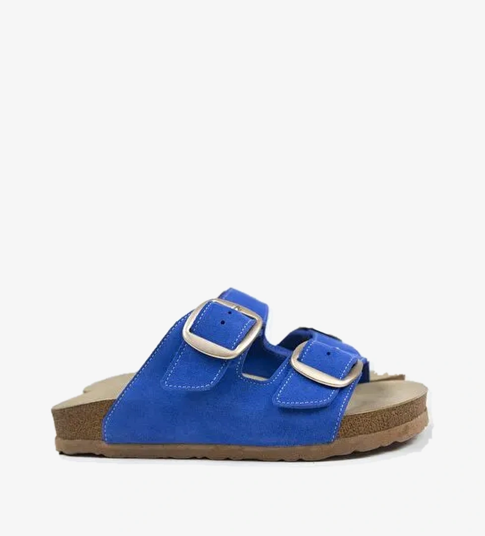 Manijero Irene Hakiki Deri Çift Tokalı Mavi Terlik - Görsel 1