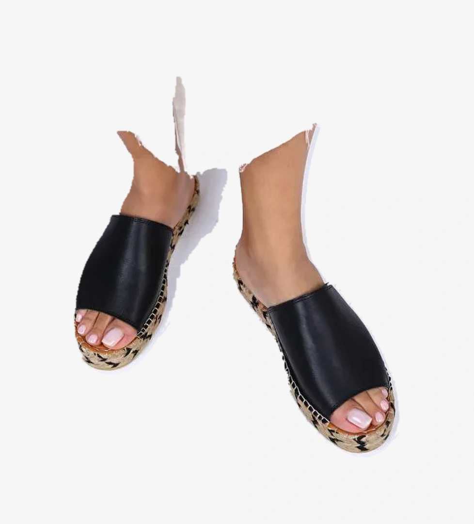 Manijero Galena Hakiki Deri Önü Açık Tek Bant Siyah Terlik - Görsel 1