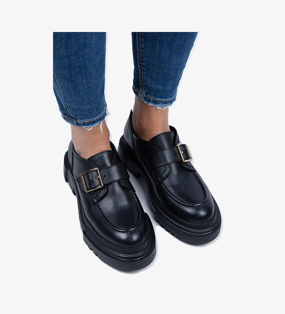 Manijero Gloria Kadın Hakiki Deri Loafer Kemerli Tokalı Siyah Ayakkabı - Görsel 1