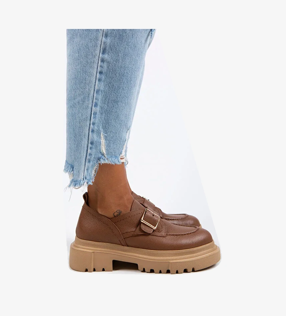 Manijero Gloria Kadın Hakiki Deri Loafer Kemerli Tokalı Taba Ayakkabı - Görsel 1