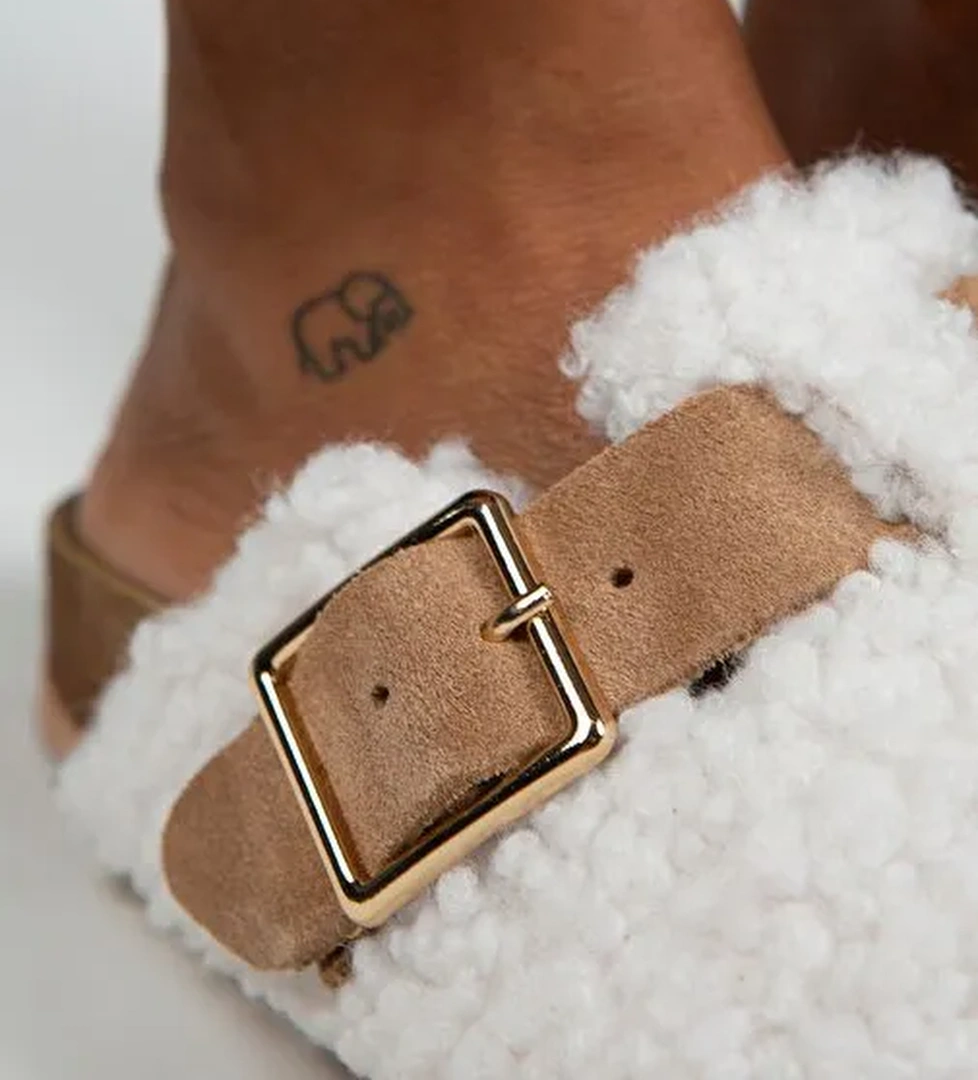 Manijero Beyaz-Taba Kadın Deri - Kürklü Terlik MNJ.101.04 - Görsel 1