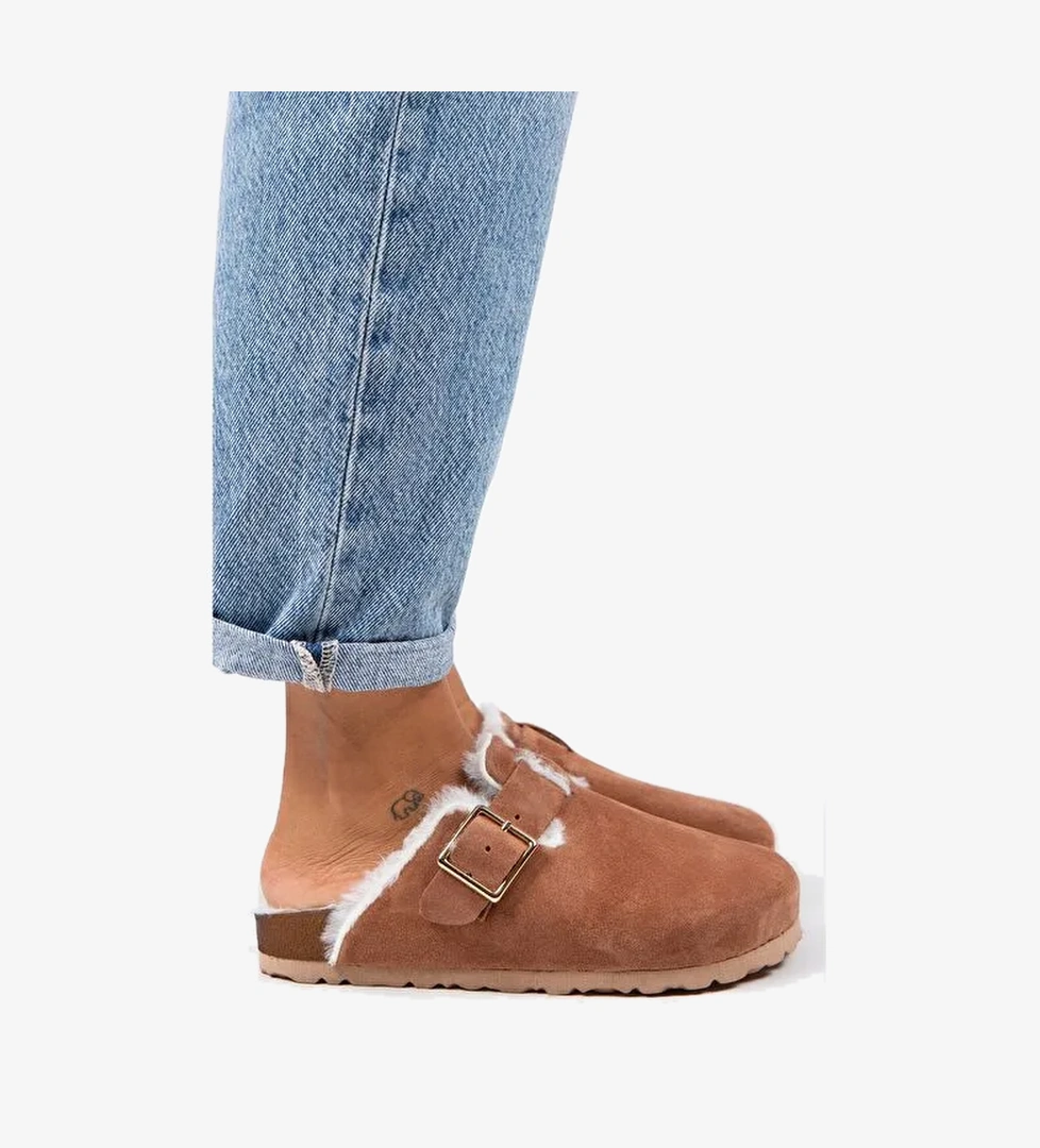 Manijero Zeta Kürklü Kadın Hakiki Deri Tokalı Kemerli Kürklü Kiremit Süet Terlik - Görsel 1