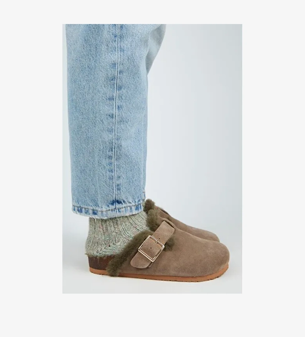 Manijero Haki Kadın Süet - Kürklü Terlik MNJ.098.18 - Görsel 1