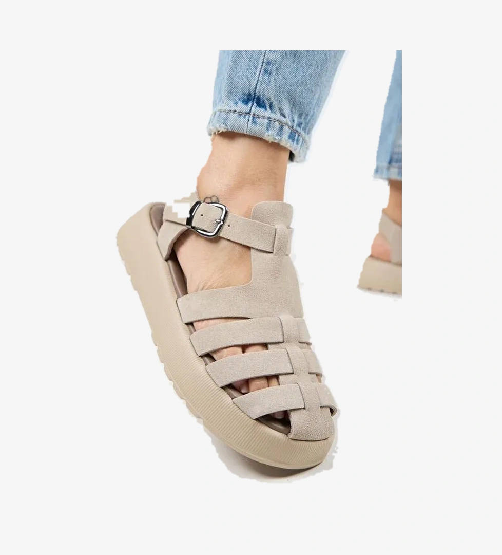 Manijero Rosa Kadın Hakiki Deri Tokalı Bej Sandalet - Görsel 1