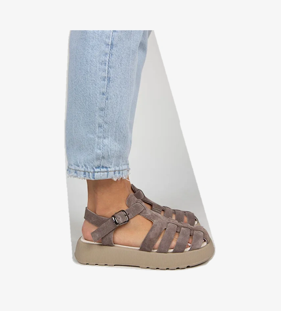 Manijero Rosa Kadın Hakiki Deri Tokalı Vizon Sandalet - Görsel 1