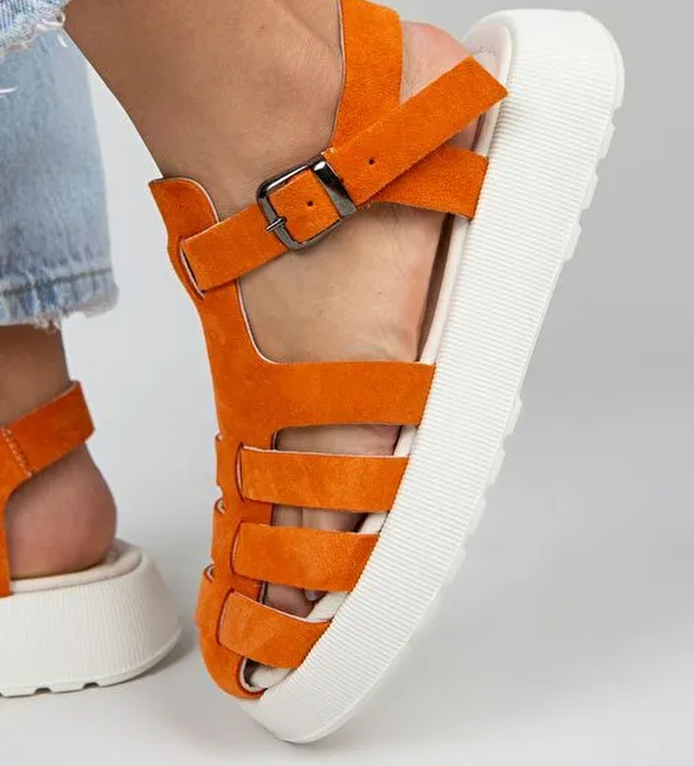 Manijero Rosa Kadın Hakiki Deri Tokalı Turuncu Sandalet - Görsel 1