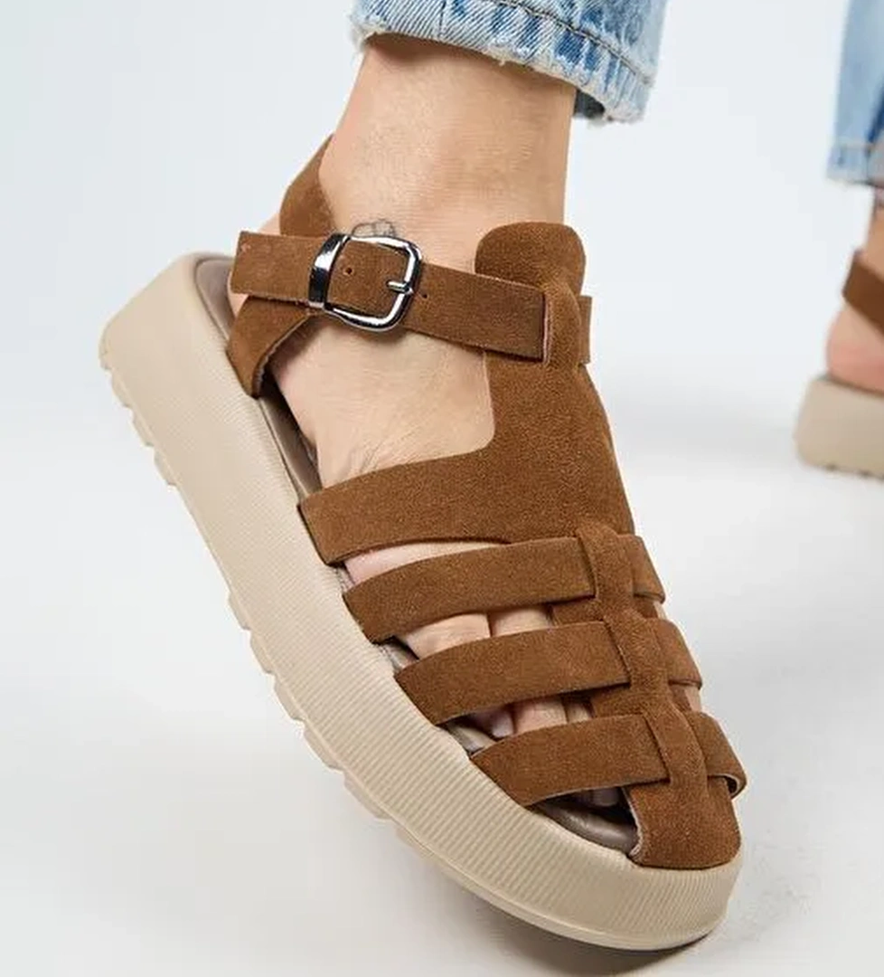 Manijero Rosa Kadın Hakiki Deri Kafesli Sandalet Koyu Taba Sandalet - Görsel 1