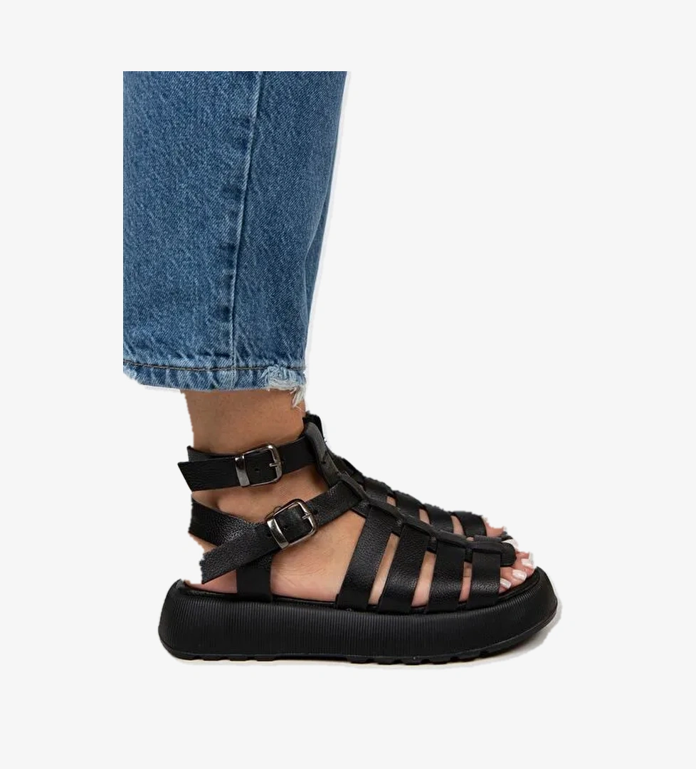 Manijero Benia Kadın Hakiki Deri Kafesli Sandalet Siyah Sandalet - Görsel 1