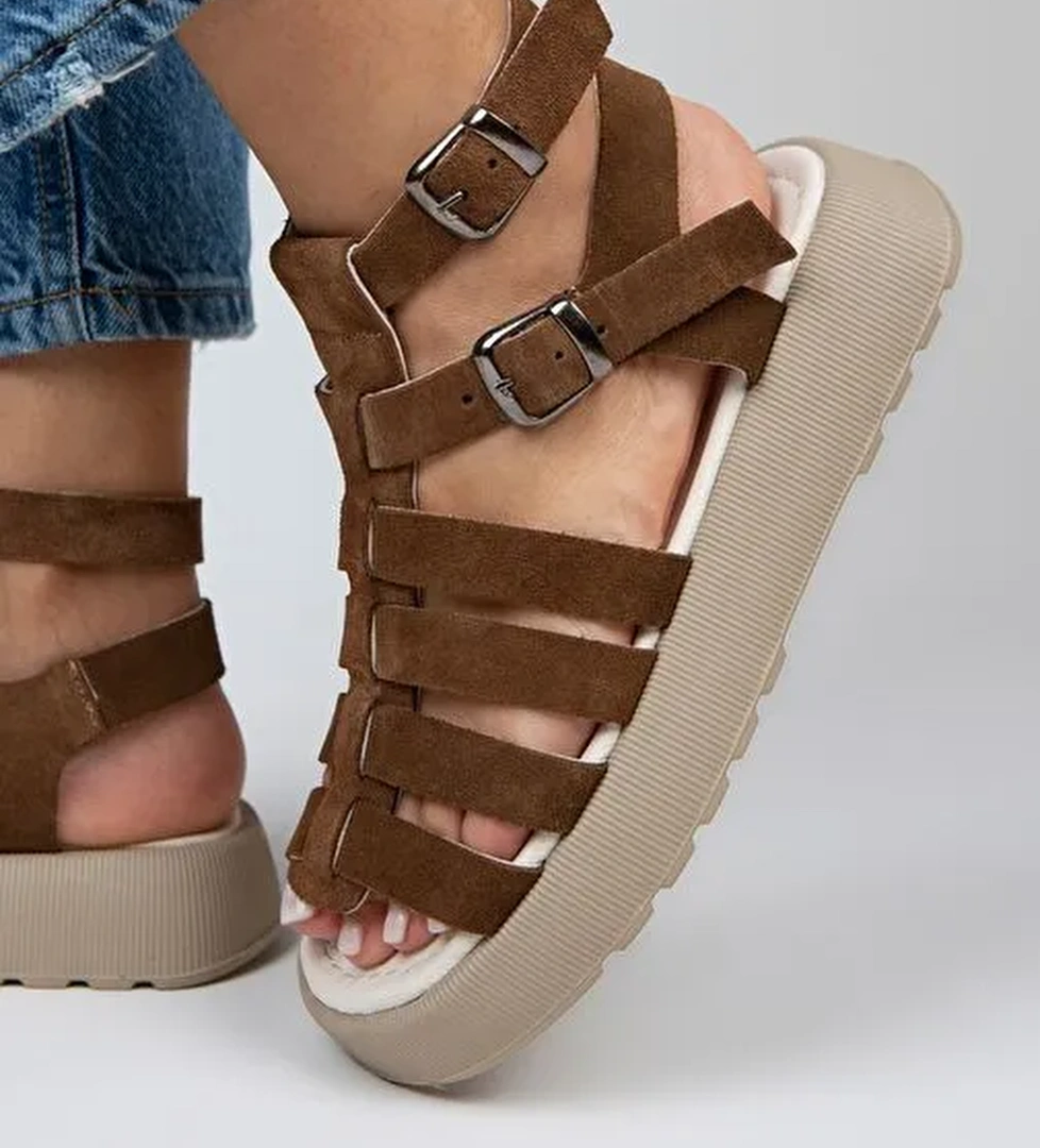 Manijero Koyu Taba Kadın Süet Sandalet MNJ.036.03 - Görsel 1