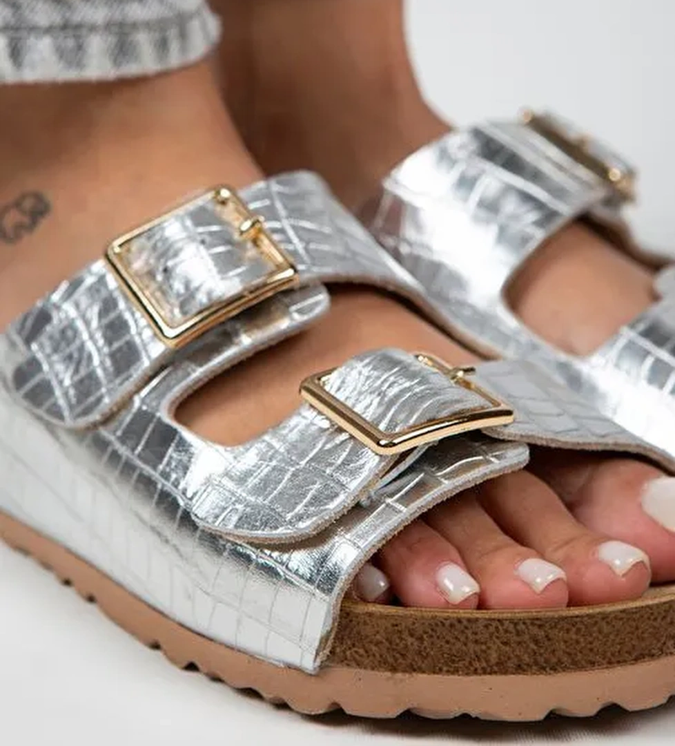 Manijero Croco Kadın Hakiki Deri Çift Tokalı Crocodile Gümüş Terlik - Görsel 1