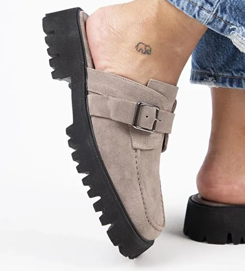 Manijero Kiem Kadın Köşeli Hakiki Deri Sabo Vizon Terlik - Görsel 1