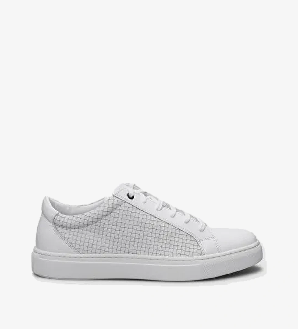 %100 Hakiki Deri Beyaz Kare Desenli Bağcıklı Erkek Sneaker - Görsel 1