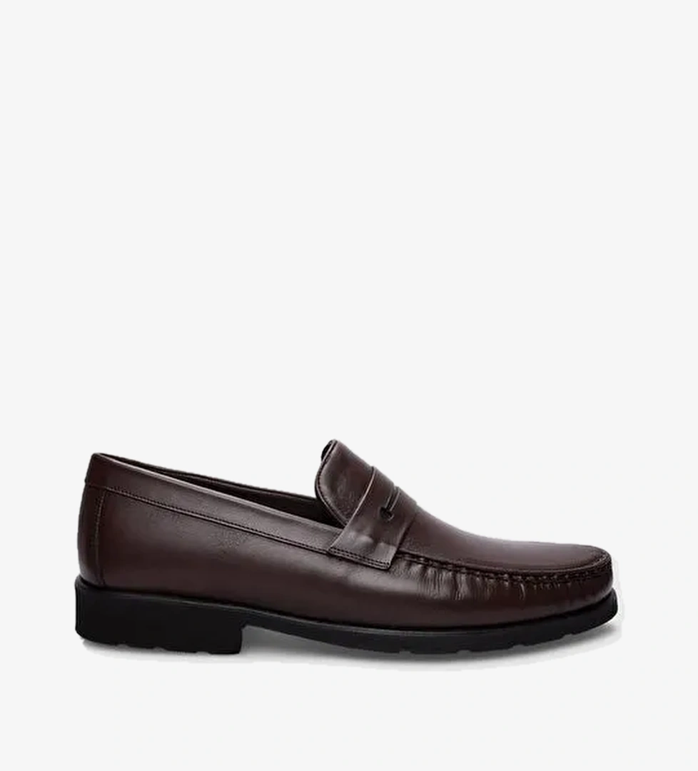 %100 Hakiki Deri Kahverengi Bağcıksız Erkek Günlük Ayakkabı - Görsel 1