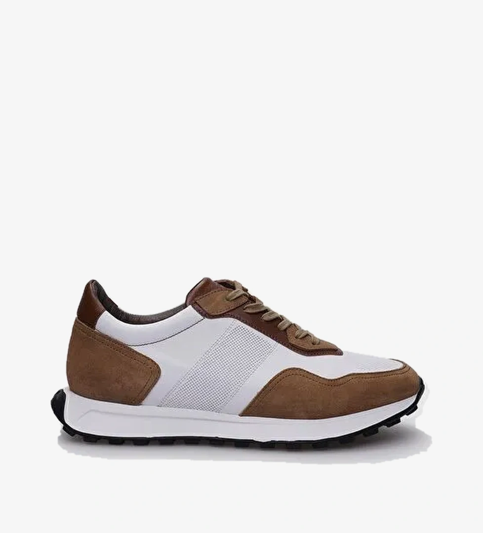 %100 Hakiki Deri Beyaz - Taba Süet Bağcıklı Erkek Spor Ayakkabı - Görsel 1