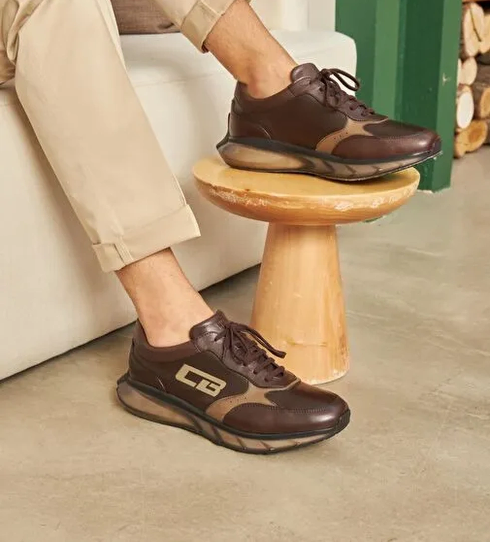 Light Eva Taban Hakiki Deri Kahverengi Bağcıklı Erkek Spor Ayakkabı - Görsel 1