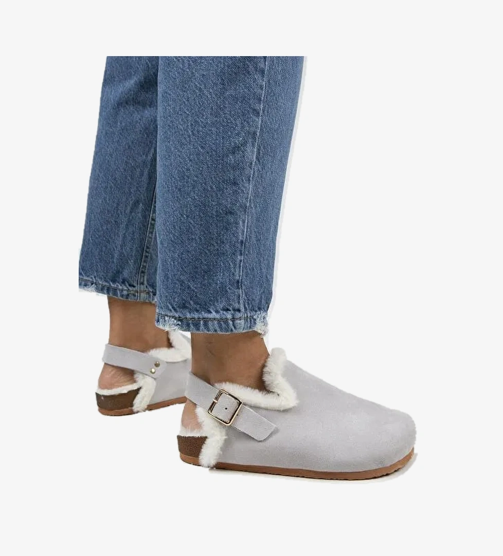 Manijero Gri Kadın Süet - Kürklü Sandalet MNJ.100.06 - Görsel 1