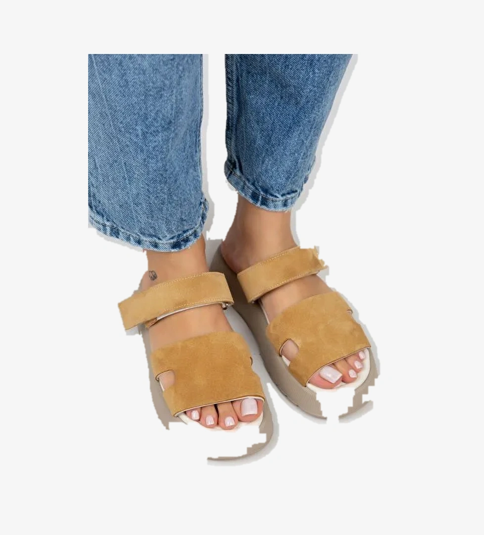 Manijero Seina Kadın Hakiki Deri Cırtlı Terlik Hardal Terlik - Görsel 1