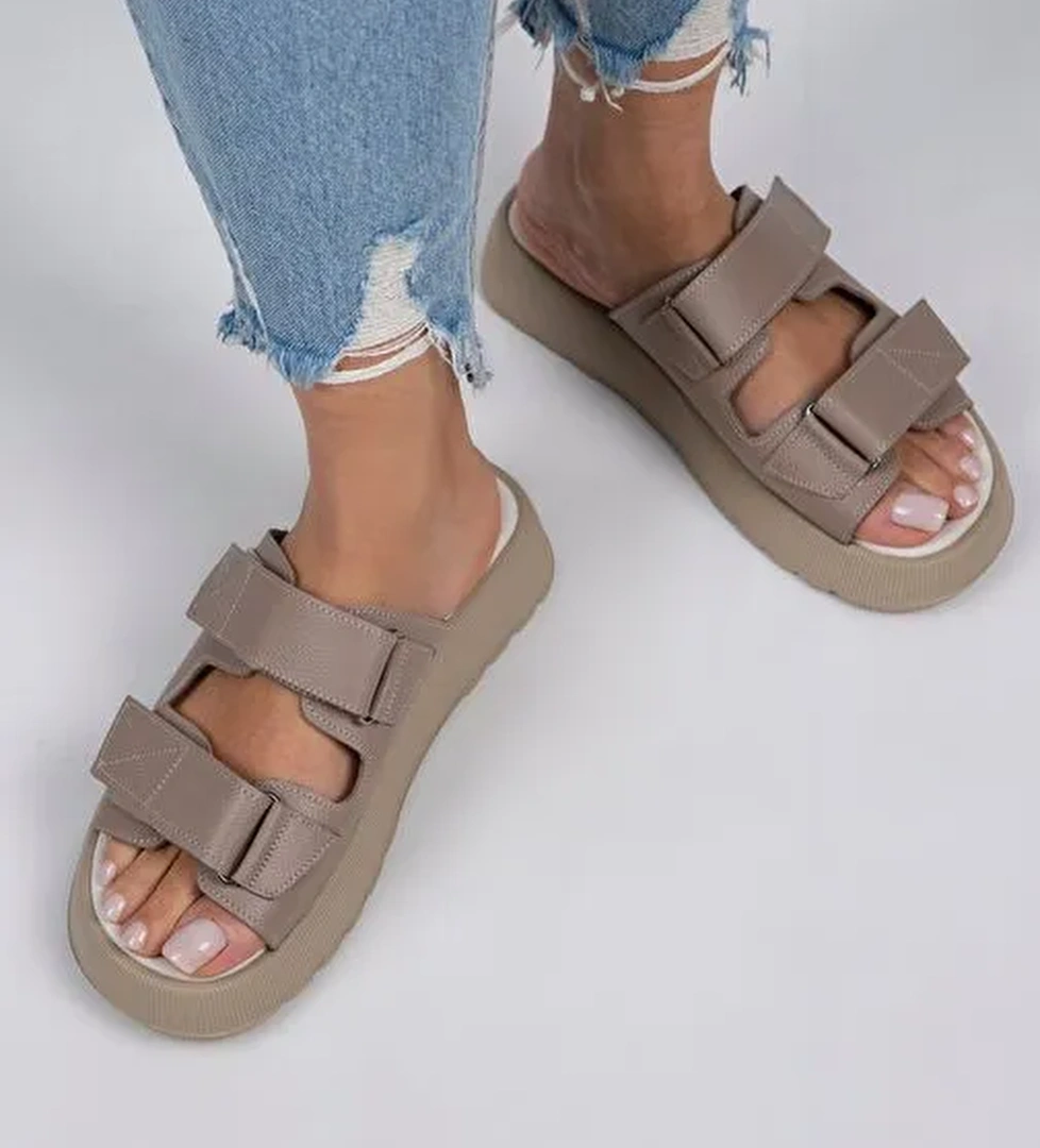 Manijero Bej Kadın Deri Terlik MNJ.082.02 - Görsel 1