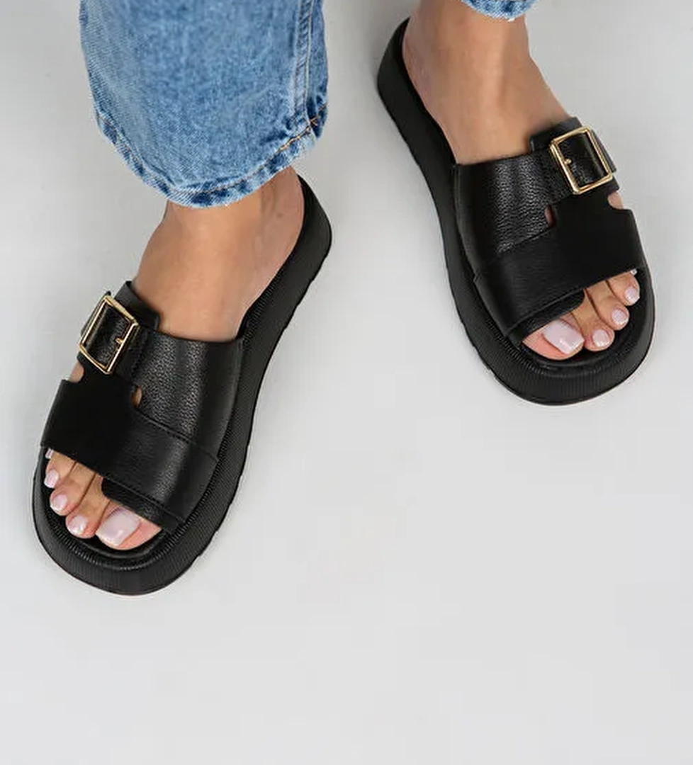 Manijero Begonia Kadın Hakiki Deri Tokalı Siyah Terlik - Görsel 1