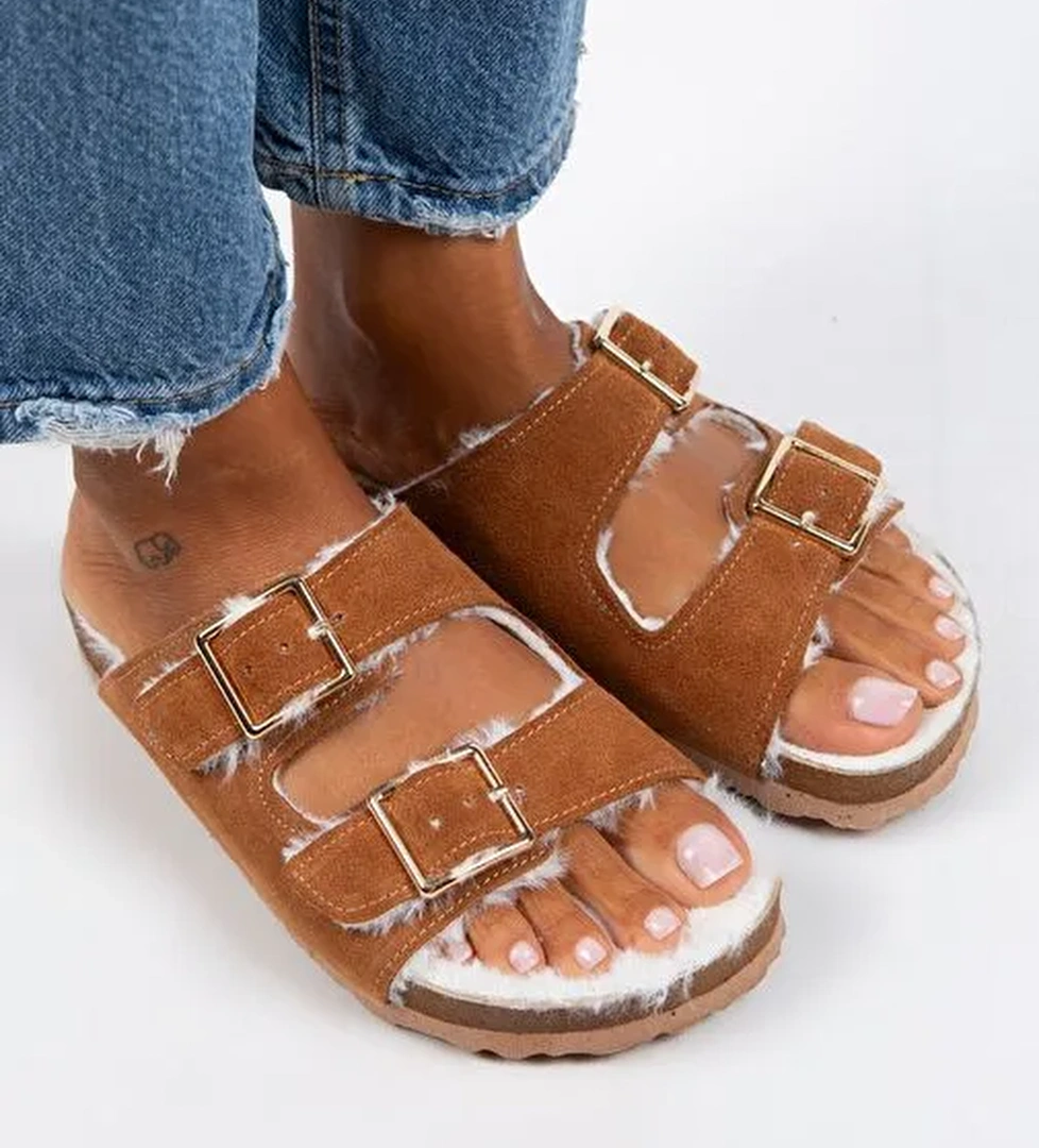 Manijero Anjelic Kürklü Kadın Hakiki Deri Çift Tokalı Kürklü Taba Süet Terlik - Görsel 1