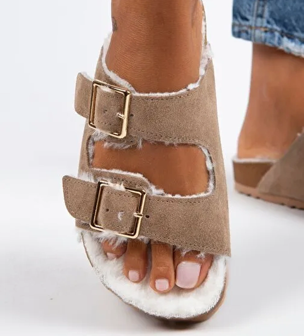 Manijero Anjelic Kürklü Kadın Hakiki Deri Çift Tokalı Kürklü Vizon Süet Terlik - Görsel 1