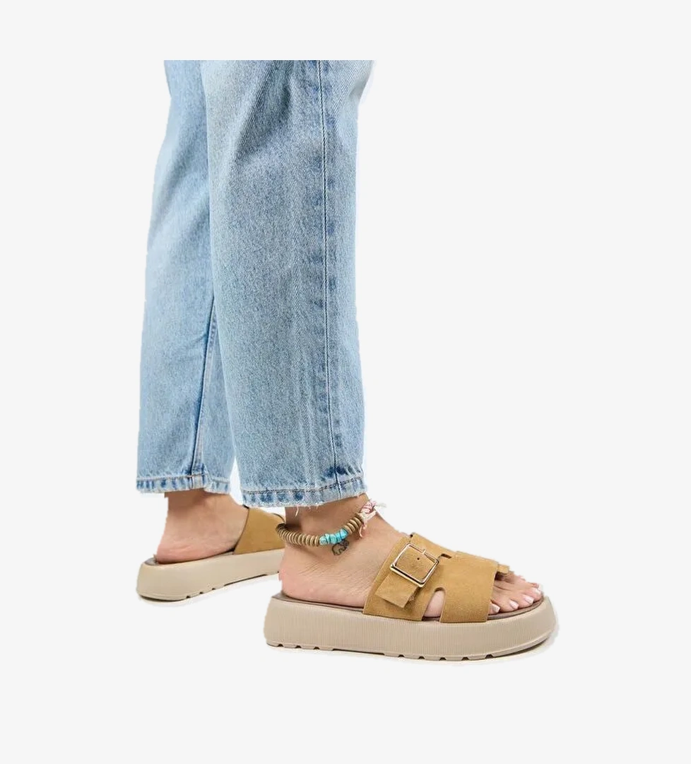 Manijero Begonia Kadın Hakiki Deri Tek Bant Hardal Terlik - Görsel 1