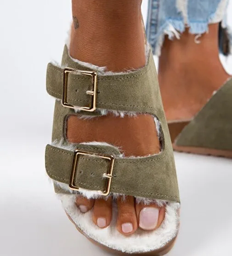 Manijero Anjelic Kürklü Kadın Hakiki Deri Çift Tokalı Kürklü Haki Süet Terlik - Görsel 1