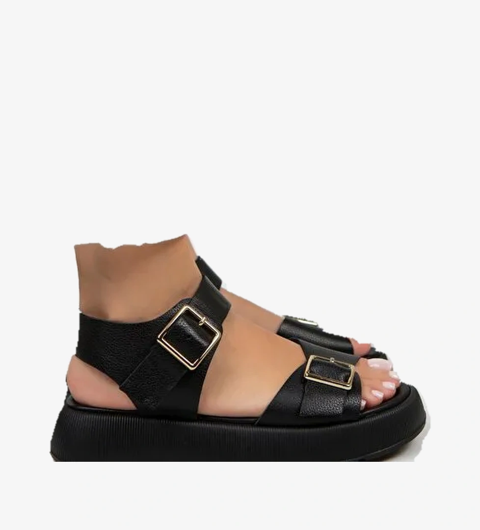 Manijero Vena Kadın Hakiki Deri Tokalı Siyah Sandalet - Görsel 1