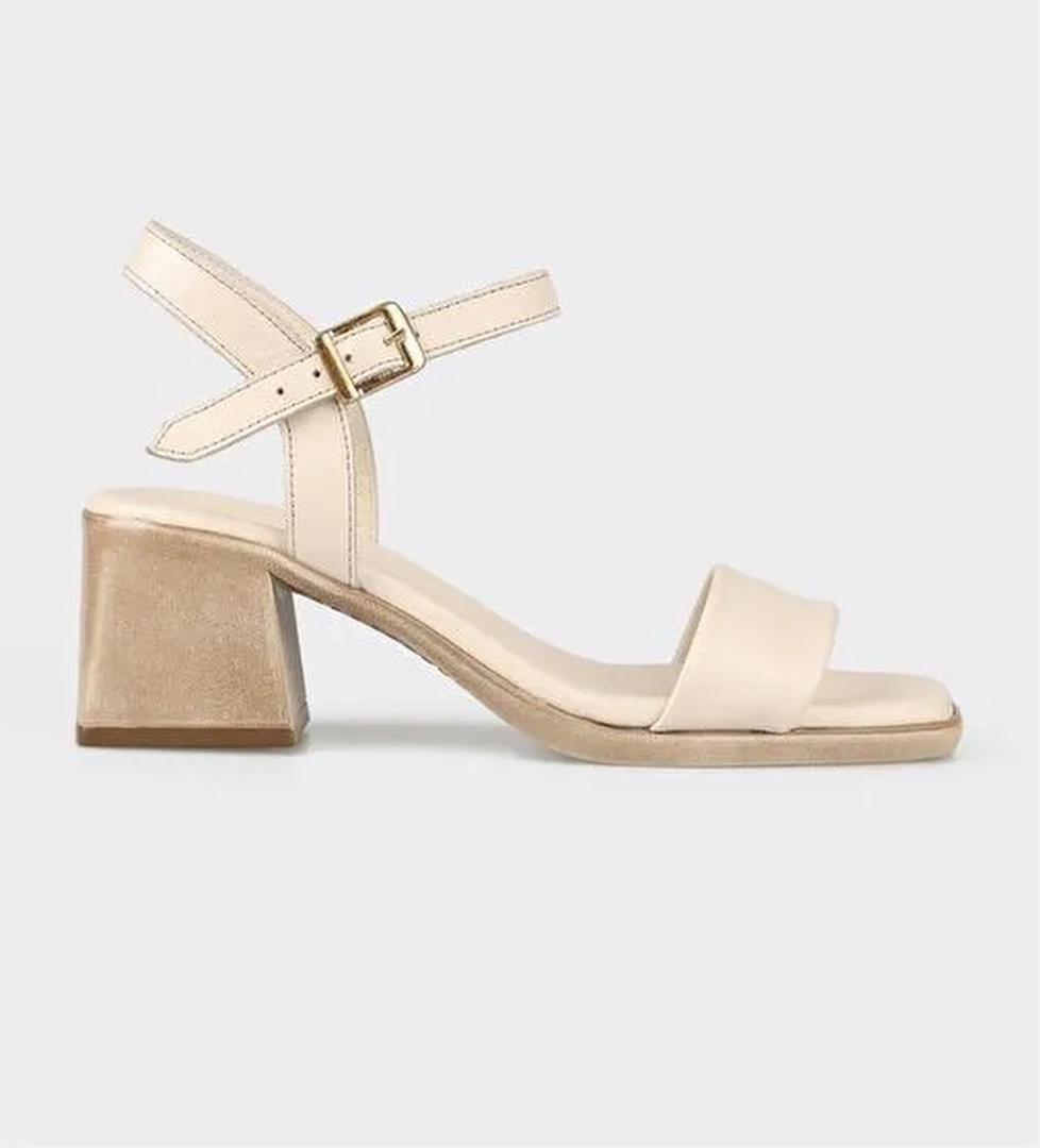 Ekru Deri Kadın Topuklu Sandalet - Görsel 1