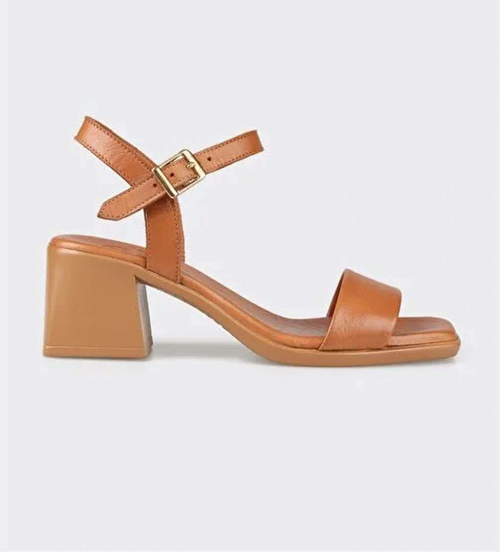 Taba Deri Kadın Topuklu Sandalet - Görsel 1