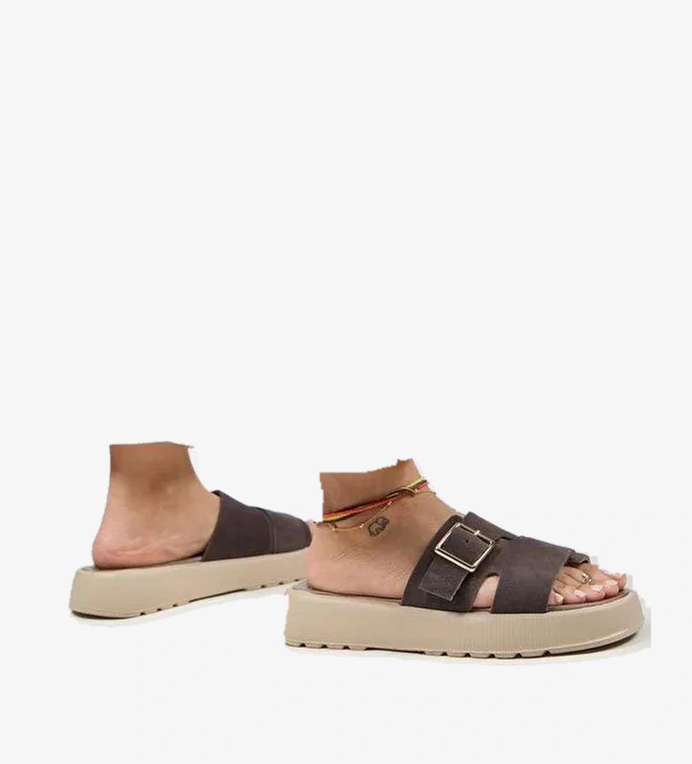 Manijero Begonia Kadın Hakiki Deri Tokalı Kahverengi Terlik - Görsel 1