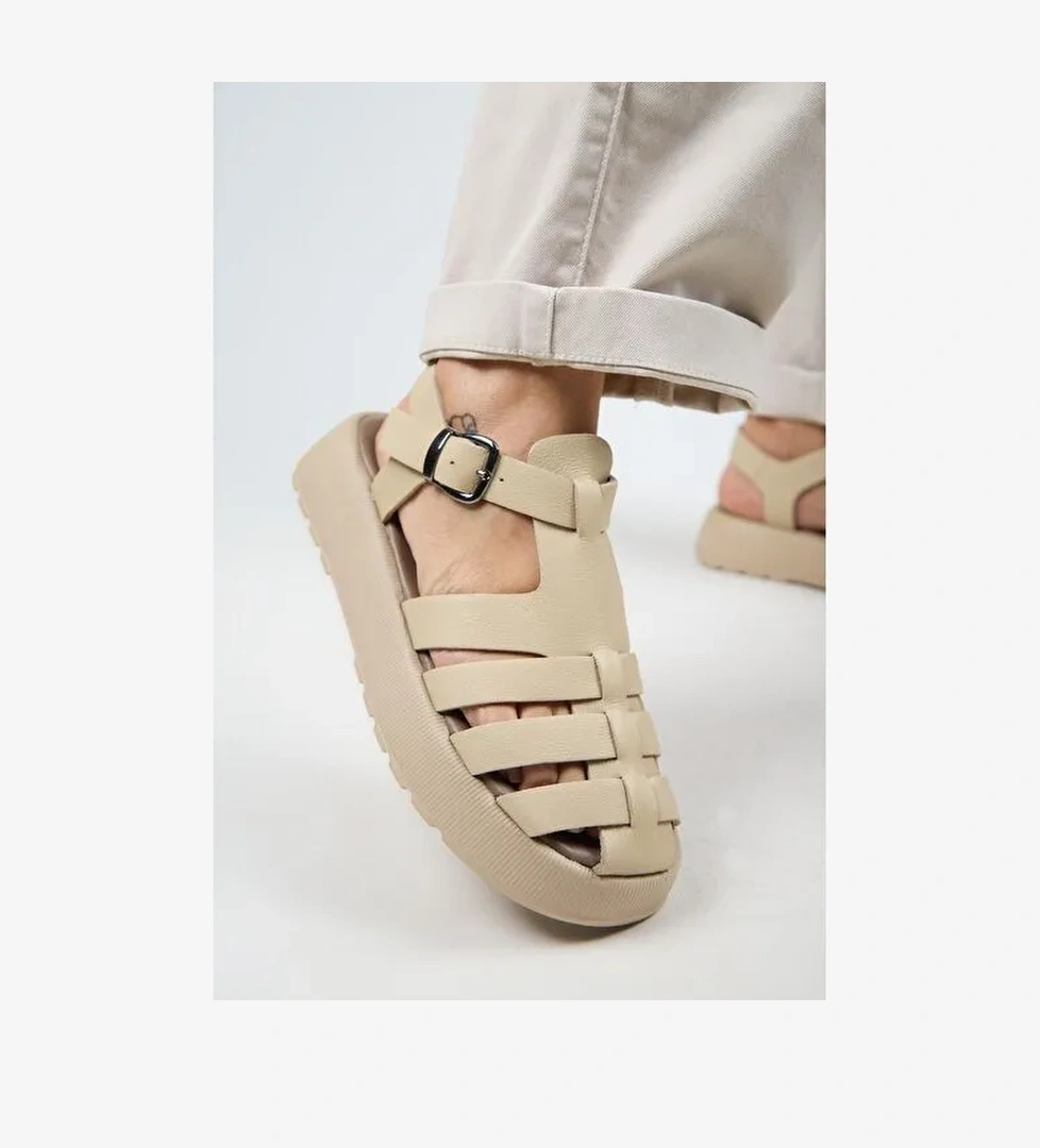 Manijero Bej Kadın Deri Sandalet MNJ.034.13 - Görsel 1