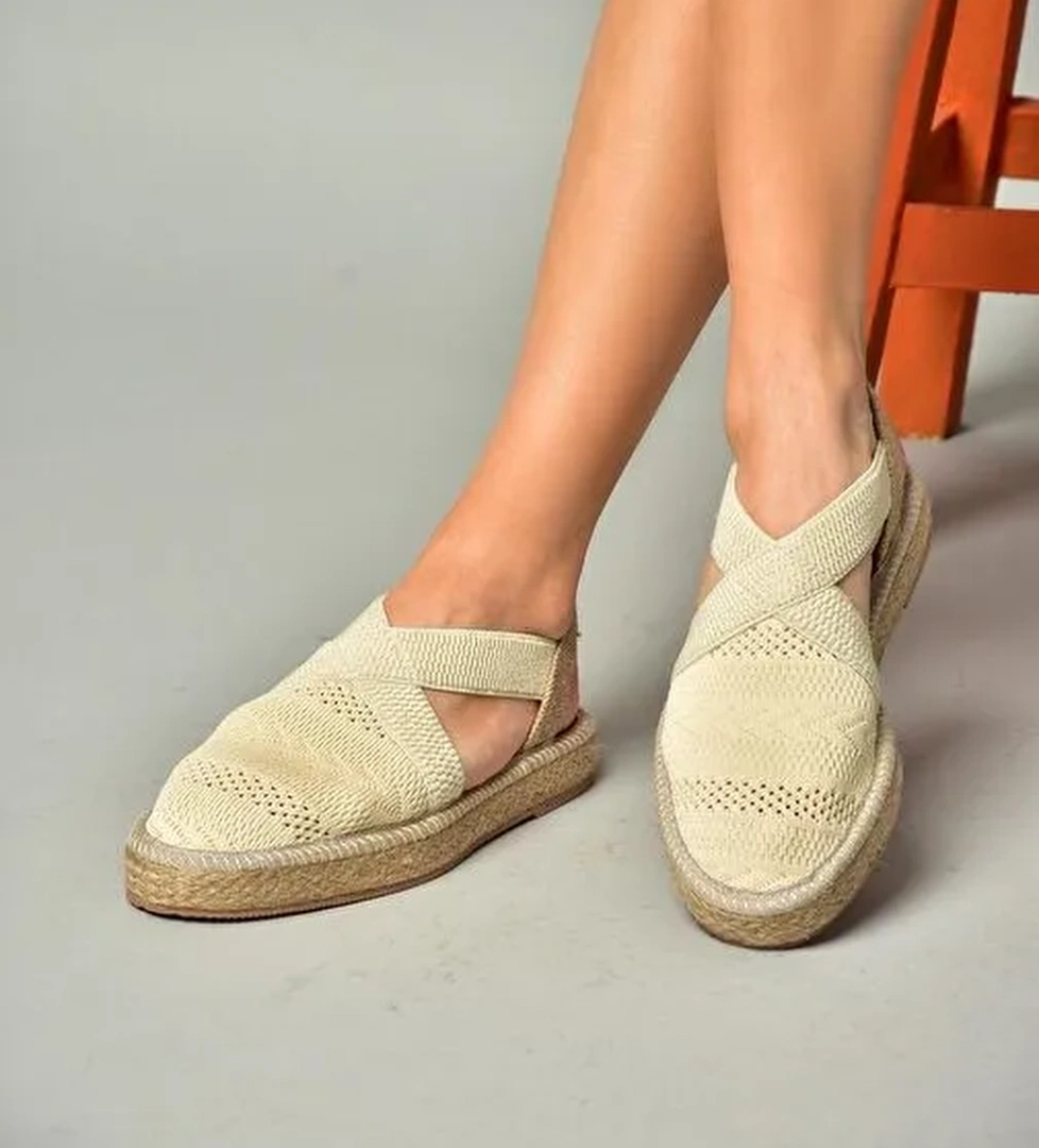 S404010106 Bej Dantel Kumaş Kadın Espadril Sandalet - Görsel 1