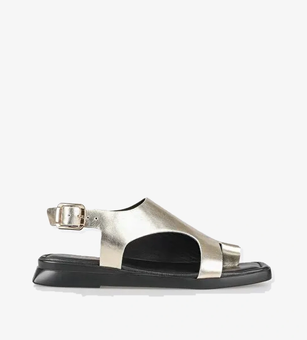 Gold Deri Kadın Düz Sandalet - Görsel 1