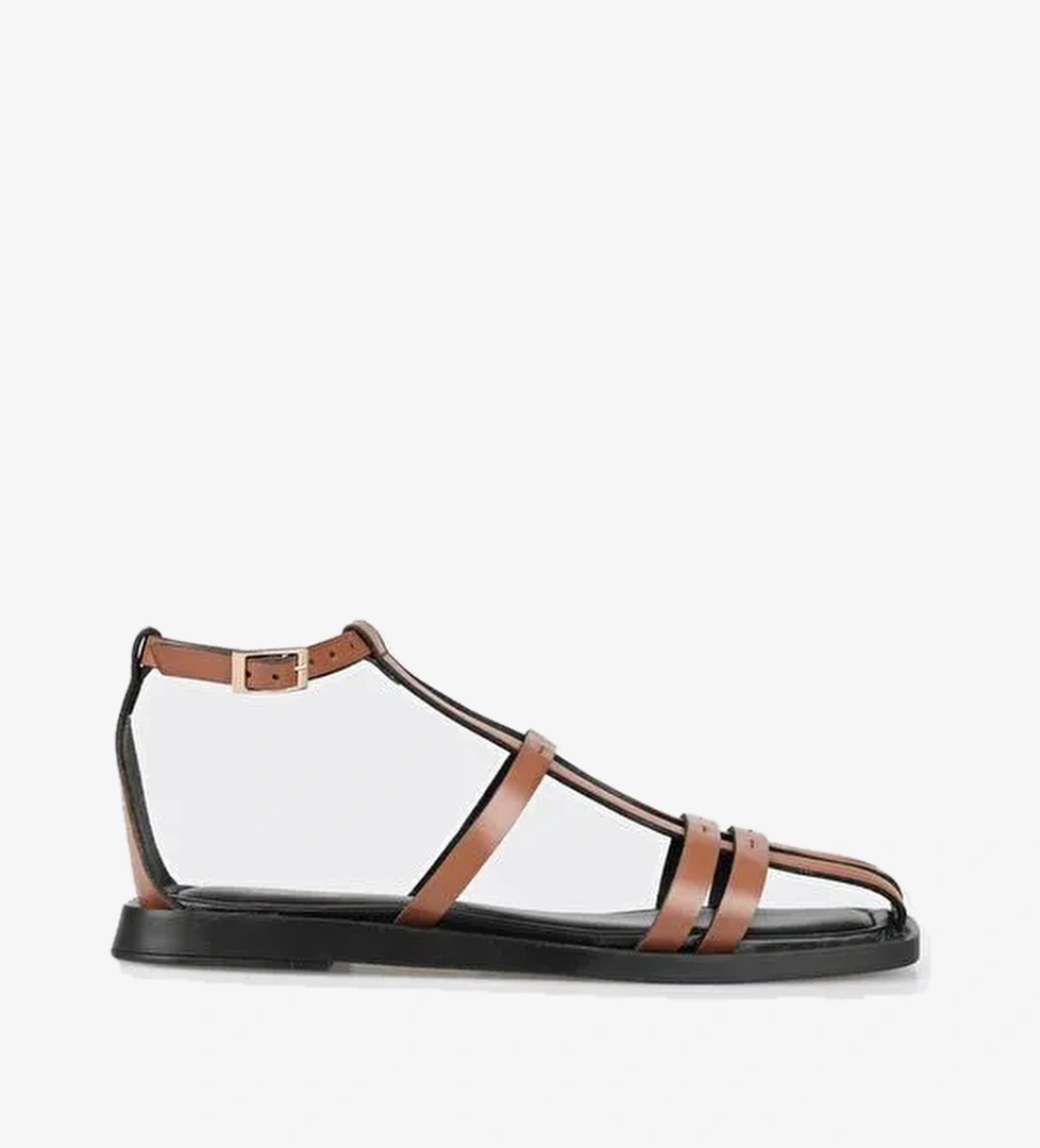 Kahve Deri Kadın Düz Sandalet - Görsel 1