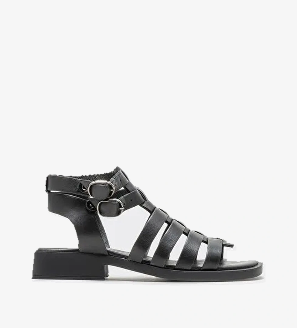 Siyah Deri Kadın Düz Sandalet - Görsel 1