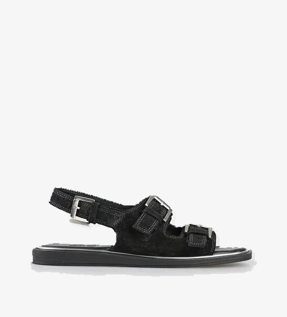 Siyah Deri Kadın Düz Sandalet - Görsel 1