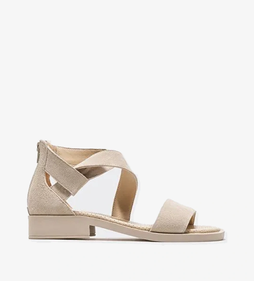 Bej Deri Kadın Düz Sandalet - Görsel 1