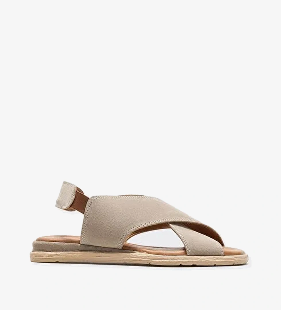 Bej Deri Kadın Düz Sandalet - Görsel 1
