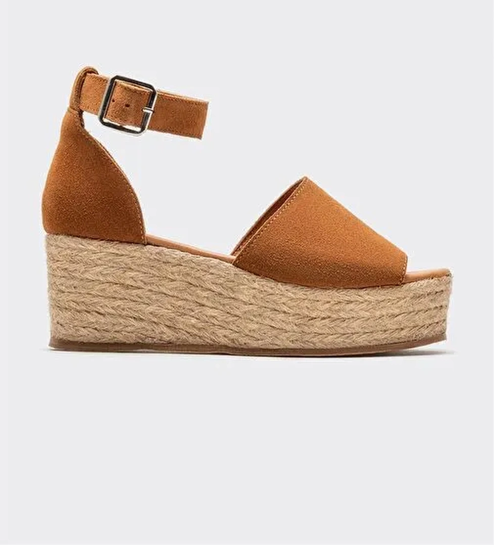 Taba Deri Kadın Dolgu Topuklu Sandalet - Görsel 1