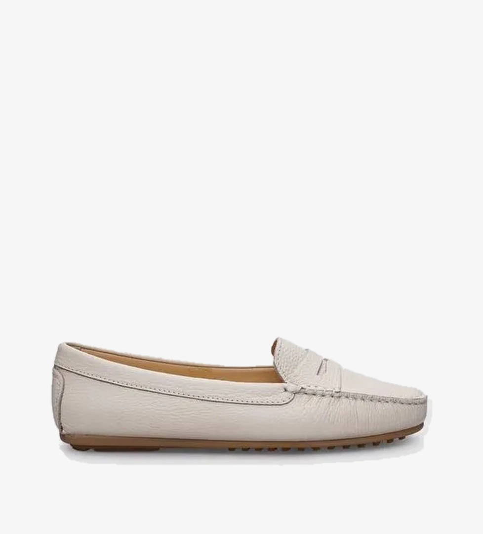 %100 Hakiki Deri Bej Kadın Loafer - Görsel 1