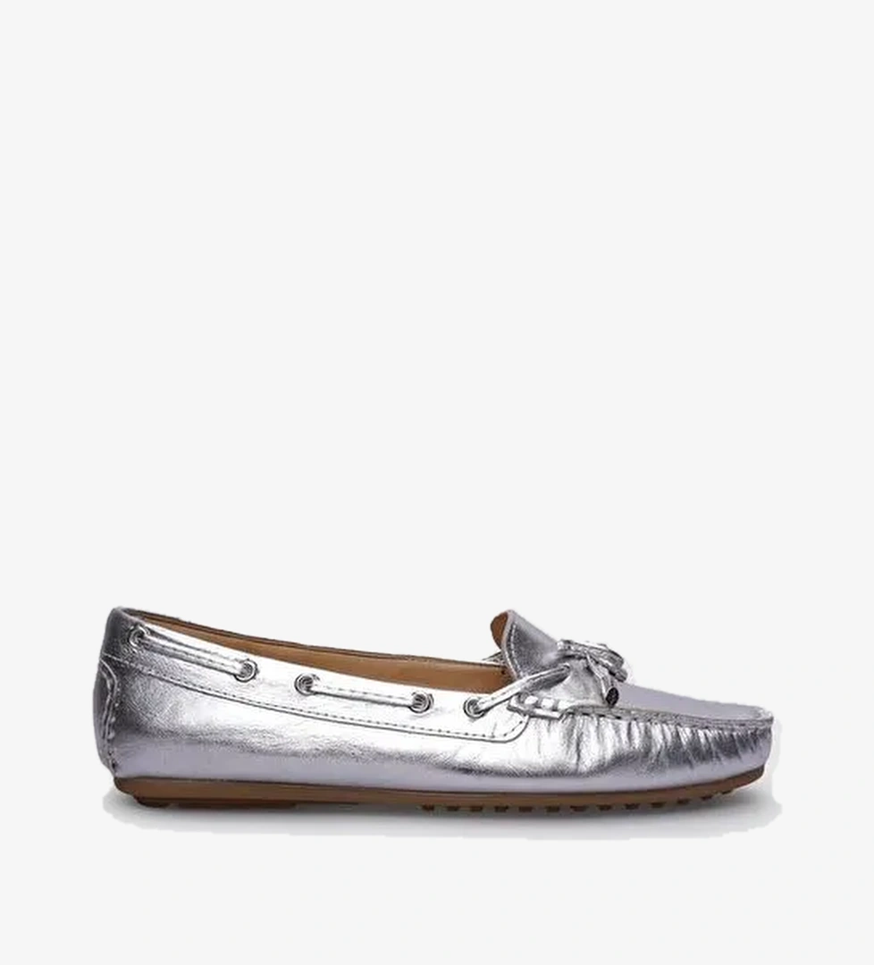 %100 Hakiki Deri Gri Fiyonk Detaylı Kadın Ayakkabı - Görsel 1