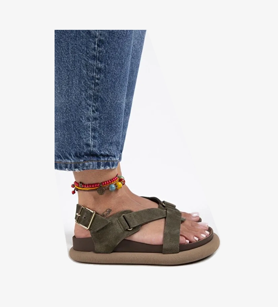 Manijero Haki Kadın Deri Sandalet MNJ.133.04 - Görsel 1