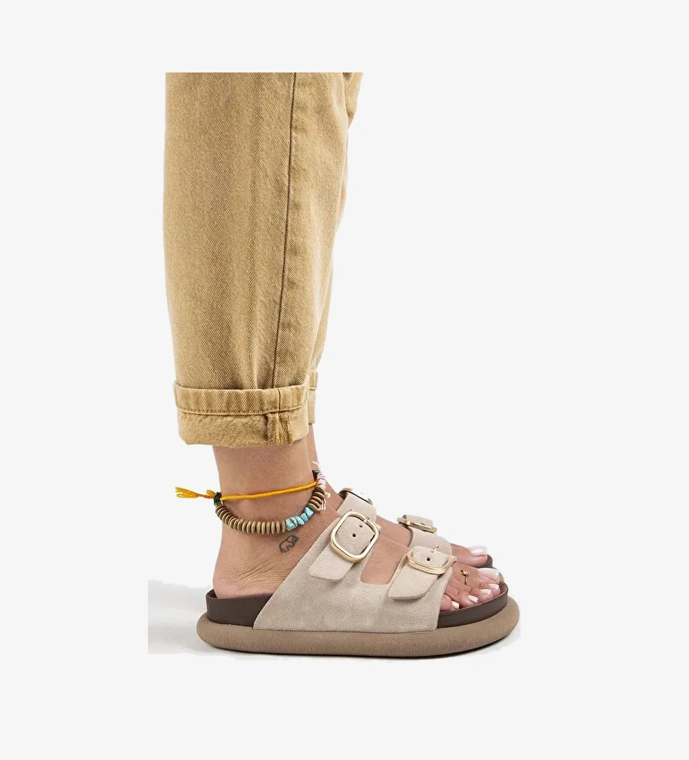 Manijero Bej Kadın Deri Terlik MNJ.129.01 - Görsel 1